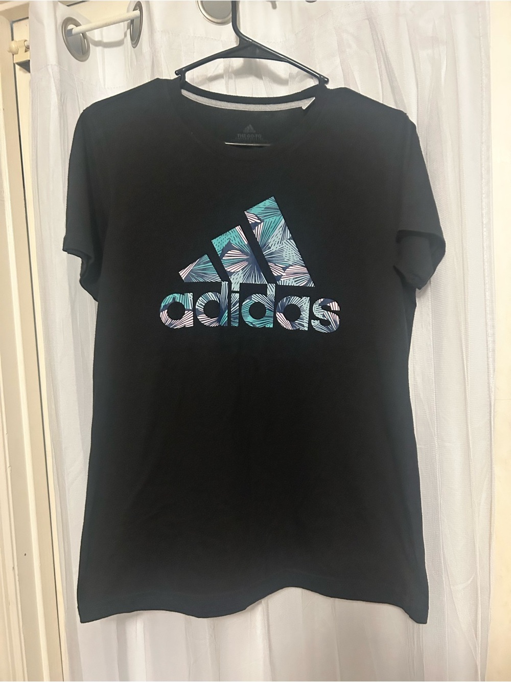 adidas Black Short Sleeve Tee with Teal and Light Pink Palm Logo
